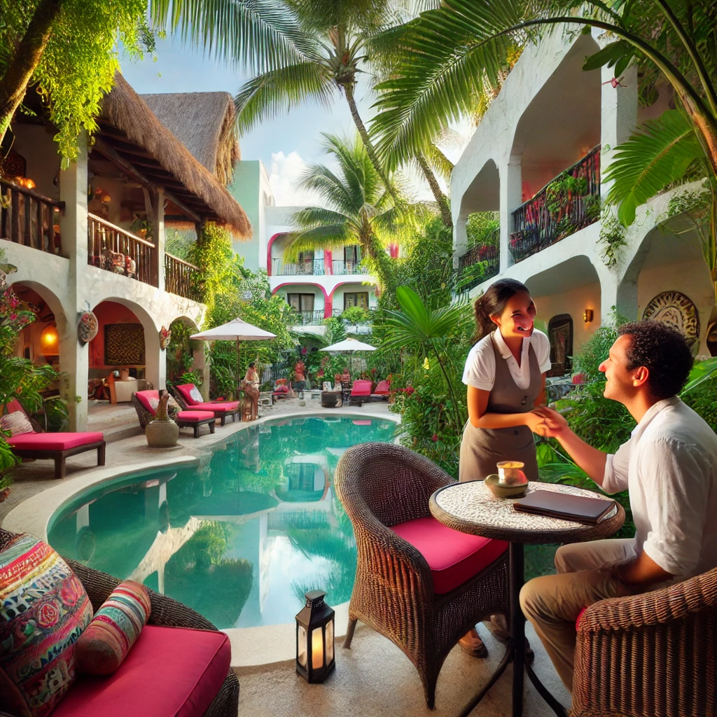 It captures the personalized service, cozy atmosphere, and peaceful environment of a small hotel in Cancun.