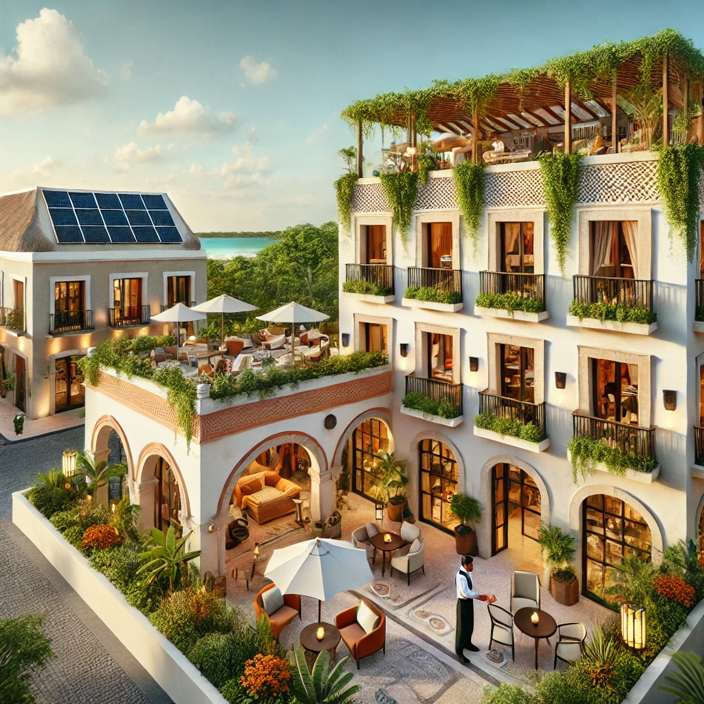 is the image that reflects the unique features of small hotels in Cancun, from their architectural charm to their focus on sustainability and personalized service. It beautifully showcases the blend of traditional Mexican styles and modern elements.